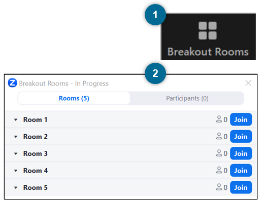 Breakout room icon and the user interface that allows you to join a room