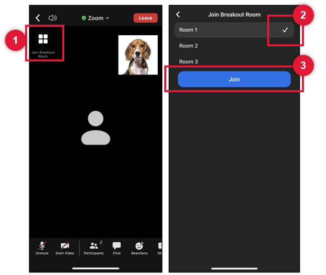 This graphic shows a mobile interface with options to Join Breakout Room, then select the room, and then Join the Breakout Room.