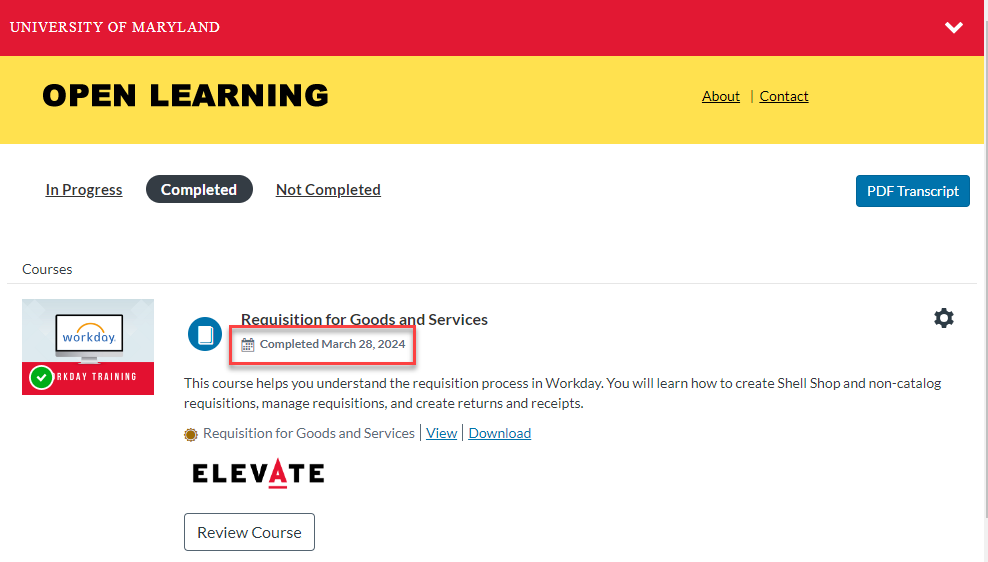 The Open Learning Student Dashboard showing "Completed March 28, 2024" under the course name.