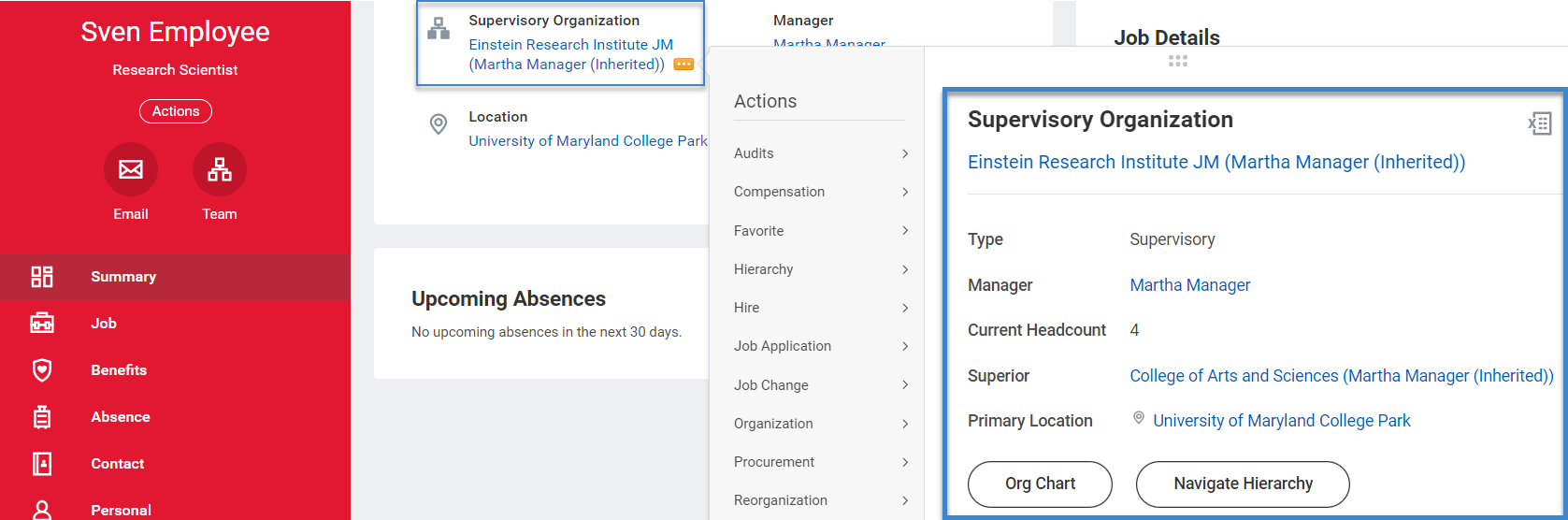 From the worker profile, sup org information displays, such as the manager name, current headcount, and access to the org chart