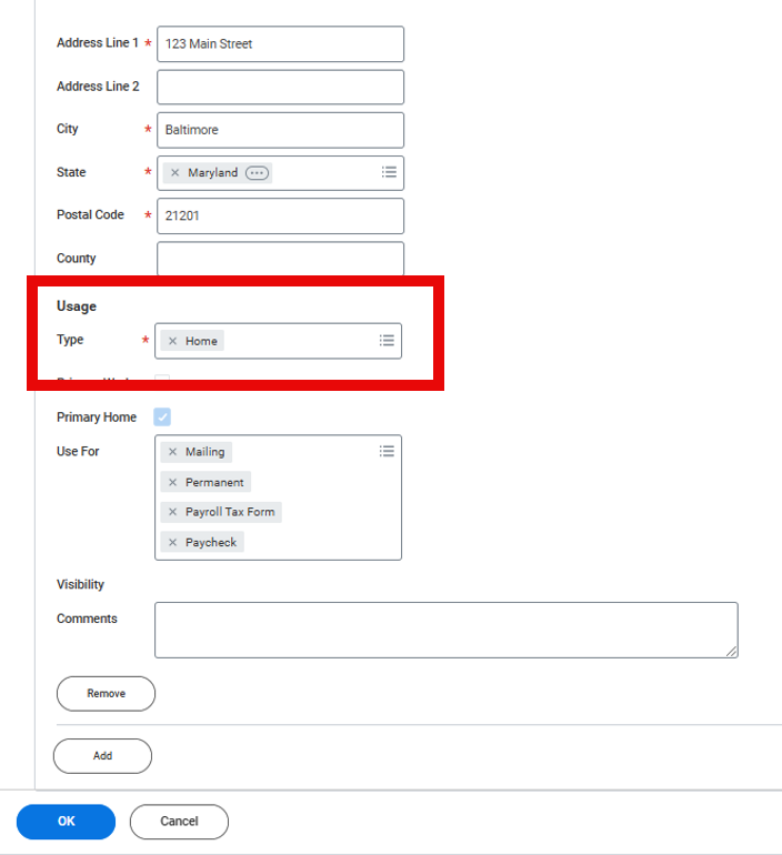 Screenshot of the address screen during the ad hoc hiring process, showing where to enter a Home address.