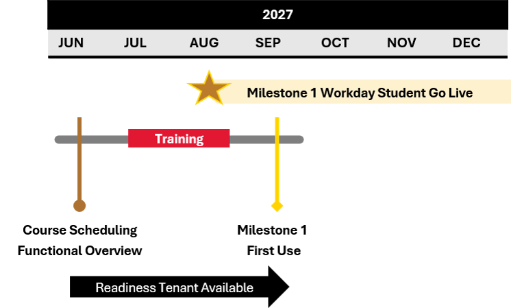 Timeline starting June 2027 through December 2027 which shows training beginning in June and the Milestone 1 Go Live in August.