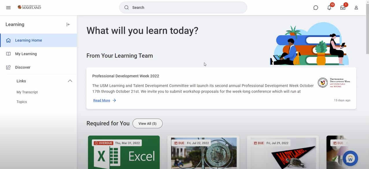 Screenshot of the Workday Learning learner's dashboard