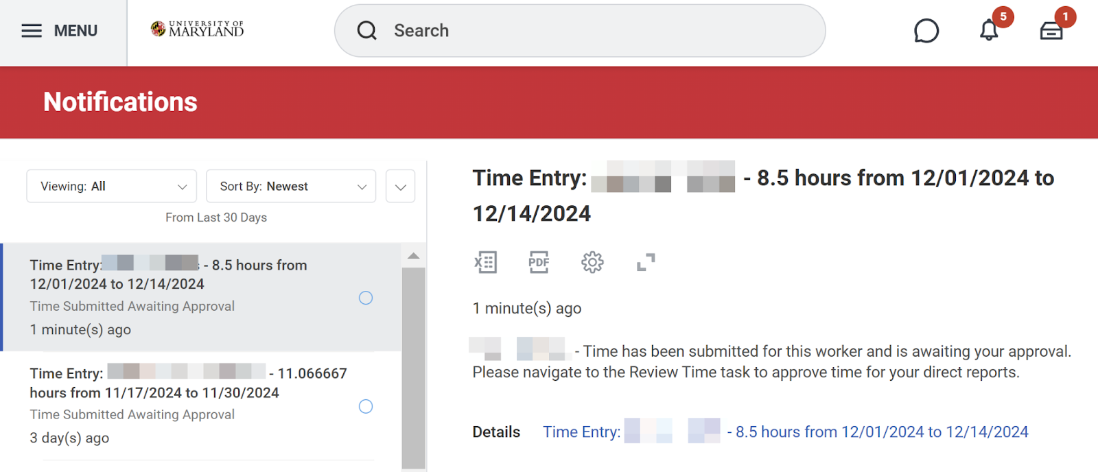 Screenshot showing the notification managers receive when an employee submits their time (or time is submitted on their behalf)