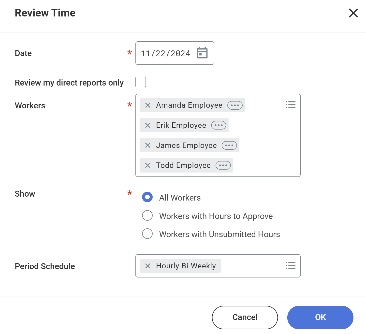 Screenshot showing the Review Time task in Workday