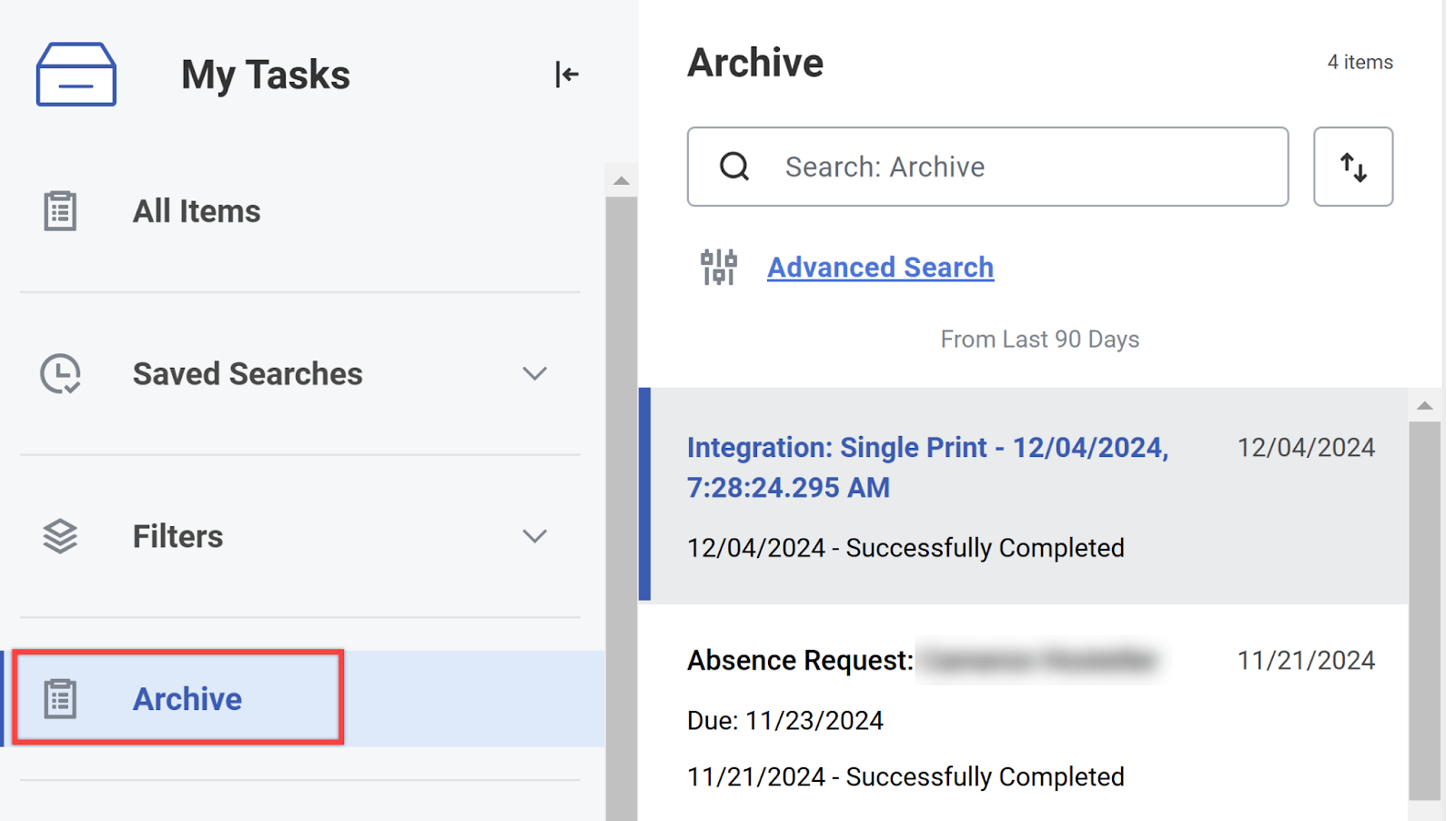 Screenshot of the My Tasks Archive in Workday