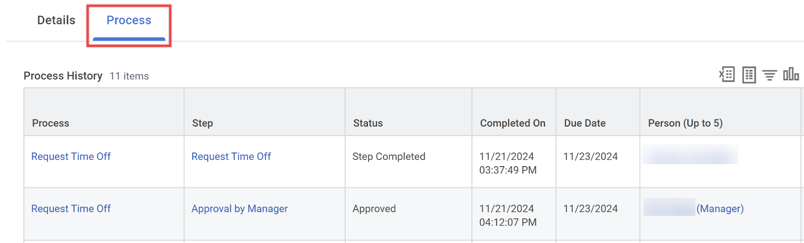 Screenshot of the Process screen in Workday