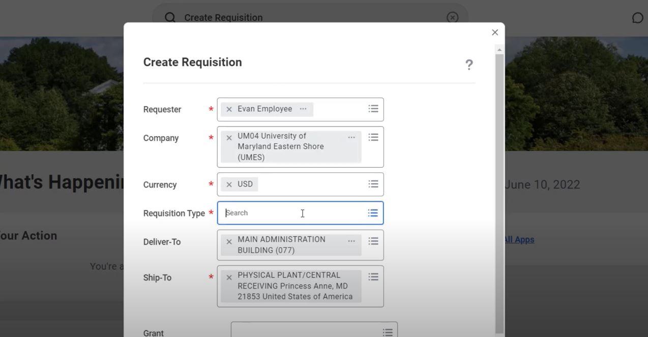 Screenshot of Workday's Create a Requisition Menu