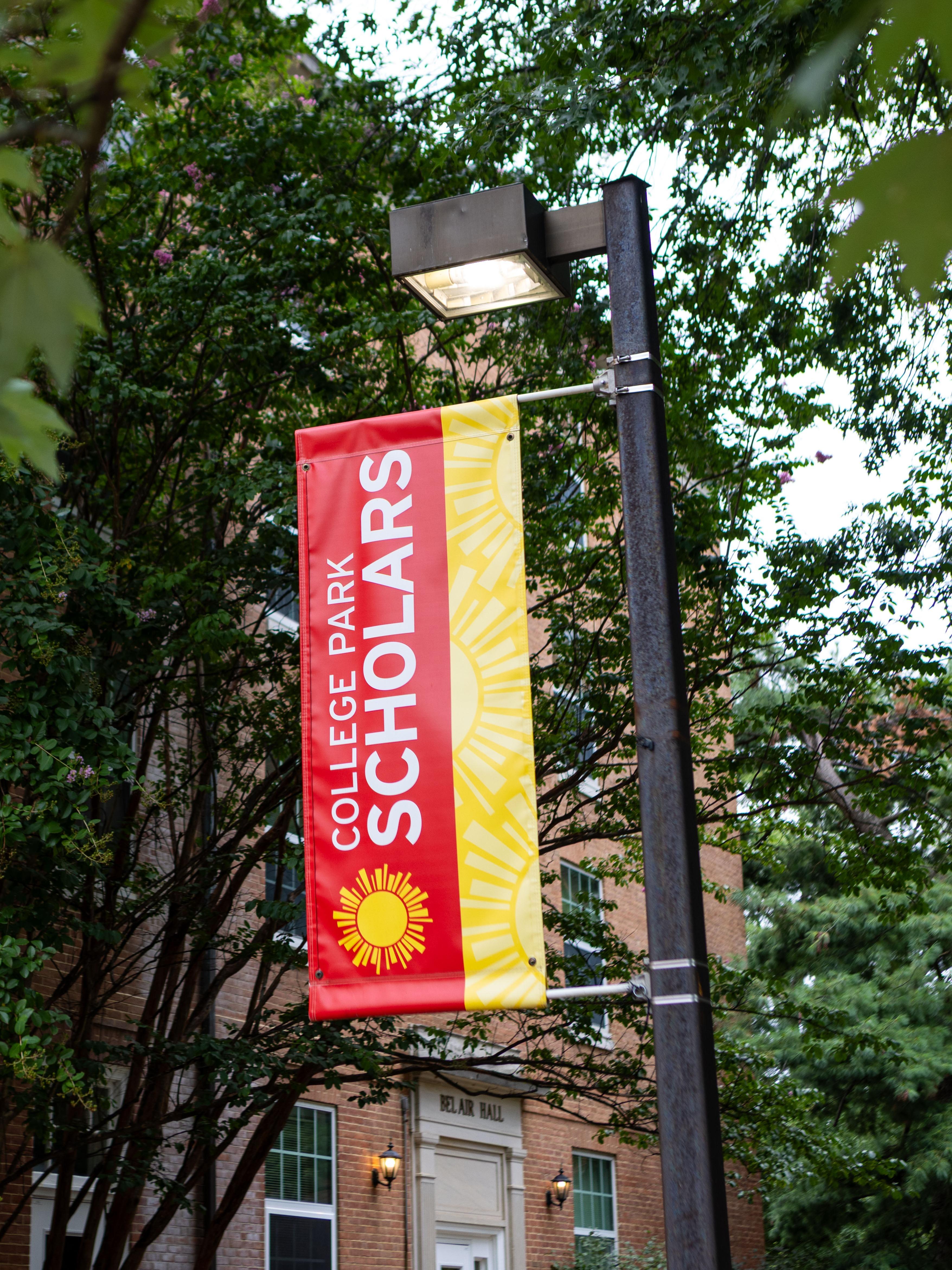 A College Park Scholars banner outside Bel Air Hall, University of Maryland, College Park