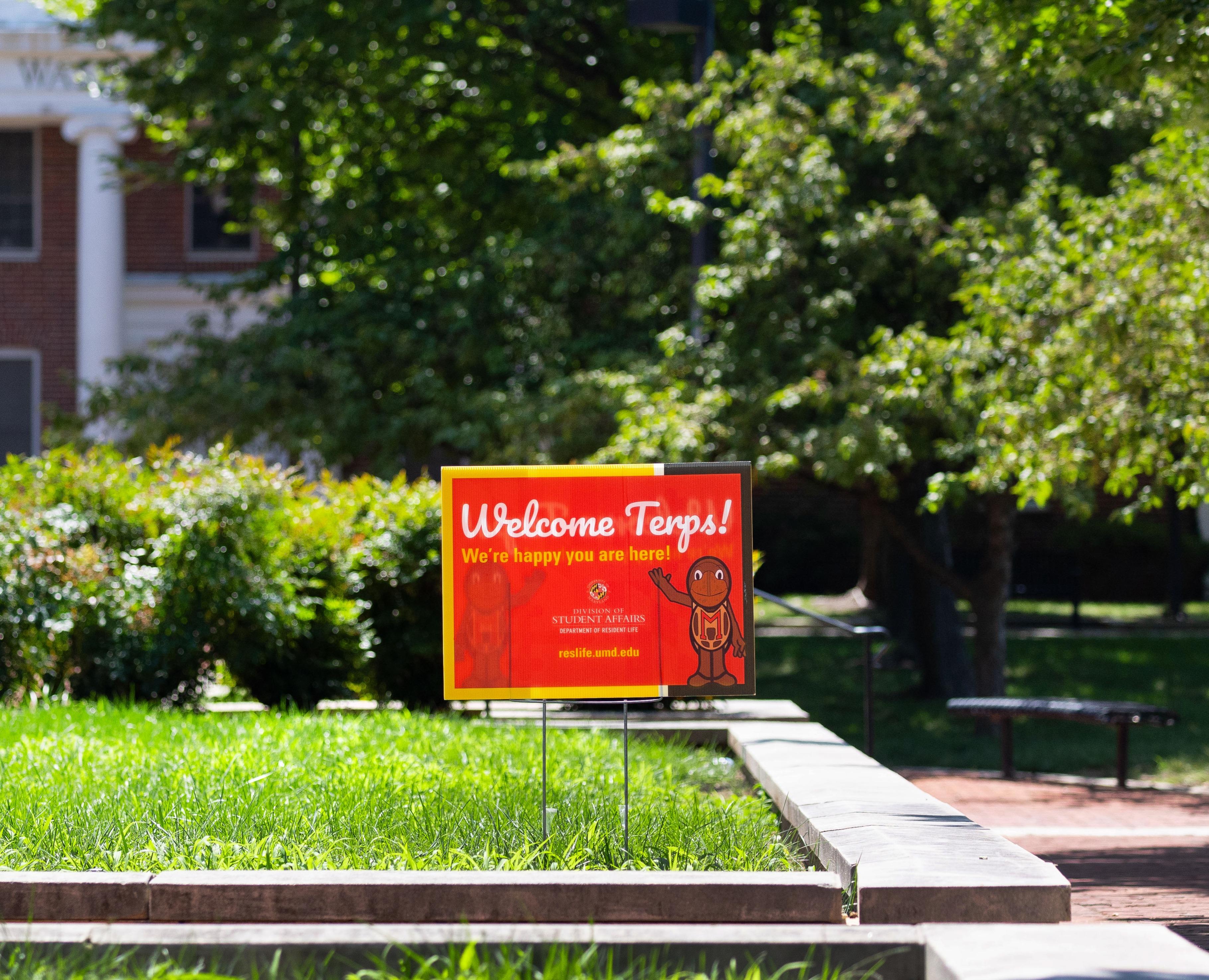 Welcome Terps sign at student move-in Fall 2024